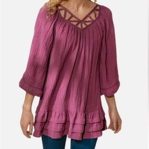 Soft Surroundings Mahdia Boho Crinkle Hot Pint Mauve Peasant Blouse Size Medium